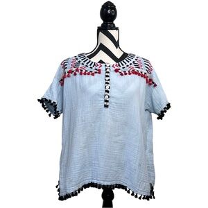 Johnny Was Boho Embroidered Gauze Cotton Sz XS Short-Sleeve Fringe Tunic Top